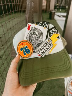 Trucker hat ready to ship Hats With Patches, Curved Brim, One Size Fits Most, One Size Snapback Hats With Patches, Retro Baseball Cap With Patches, Retro Dad Hat One Size Fits Most, Fun Cap With Patches, Retro Visor Snapback Hat One Size Fits Most, Vintage Bucket Hat One Size Fits Most, Retro Visor Hat, Handmade Retro Cap