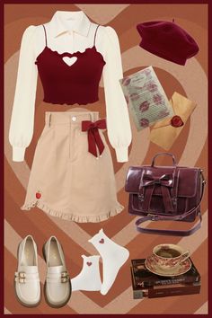 Romantic Academia Outfit inspiration #academia #outfits #outfitoftheday #lookbook Red Feminine Outfit, Romantic Cottagecore Outfit, Art Core Outfits, Pink Academia Outfits, Cutesy Aesthetic Outfits, Academia Outfit Inspiration, Soft Academia Aesthetic Outfits, Cute Cottagecore Outfits, Romantic Academia Aesthetic Outfit