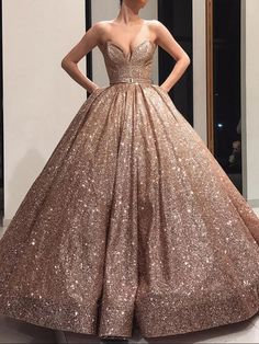 Ball dress V-neck and floor length ball dress Graduation Ball Dress, Ball Gown Gold, Sparkly Ball Gown, Champagne Ball Gown, Gold Glitter Dress, Colored Wedding Gowns, Fantastic Dress, Golden Gown, Debut Ideas