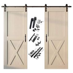 an open barn door with hardware and tools