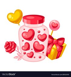 valentine's day candy jar with hearts and lollipops