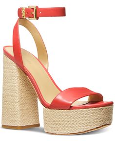 in stock Spring Ankle Strap Wedge Sandals With Reinforced Heel, Spring Red Sandals With Reinforced Heel, Red Sandals With Reinforced Heel For Spring, Elegant Michael Kors Summer Heels, Michael Kors Platform Wedge Sandals For Summer, Michael Kors Sandals With Heel Strap, Michael Kors Synthetic Sandals With Heel Strap, Michael Kors High Heel Sandals For Spring, Michael Kors Leather Sandals For Summer