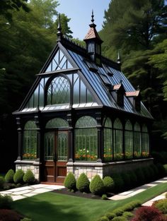 a large glass house in the middle of a lush green park with trees and shrubs