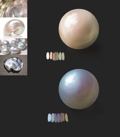 several different types of pearls are arranged on a black background, including one white pearl and the other light blue pearl