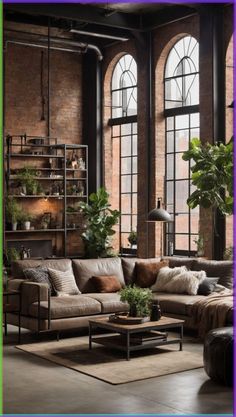 a living room filled with lots of furniture next to large windows and potted plants