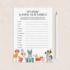 a printable word scramble with dogs and cats on it, next to a pencil