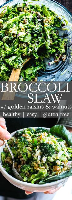 broccoli slaw with golden raisins and walnuts in a bowl