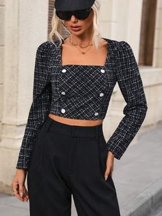 Women's Plaid Button-up Shirt With Square Collar And Detailing Black Elegant  Long Sleeve Fabric Plaid Top Non-Stretch  Women Clothing, size features are:Bust: ,Length: ,Sleeve Length: Urban Apparel, Skater Jeans, Plaid Top, Plaid Tops, Urban Outfits, Tight Leggings, Womens Plaid, Socks Women, Women's Leggings