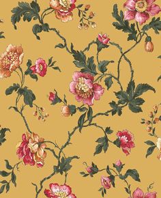 a yellow background with pink flowers and green leaves on the top right corner is an orange wallpaper