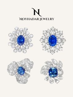 three blue and white diamond earrings with the words noydad jewelery on it