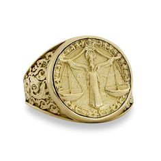 MADE IN THE USA * LAYAWAY PAYMENT PLANS AVAILABLE Item Details Item: Solid Gold Mens Libra Zodiac Coin Ring Material: 18K Yellow Gold Size: Sizes 5 through 15 are available - Face of ring is 17.3mm (or 0.68 inches) top to bottom, and the band (shank) of ring is 4.2mm (0.16 inches) wide Weight: Size 5 to 6 - 8.0 grams (on average) Size 6.25 to 7 - 8.3 grams (on average) Size 7.25 to 8 - 8.5 grams (on average) Size 8.25 to 9 - 8.8 grams (on average) Size 9.25 to 10 - 9.0 grams (on average) Size 10 Spiritual Hallmarked Signet Ring For Formal Occasions, Symbolic Yellow Gold Signet Ring For Commemoration, Symbolic Yellow Gold Engraved Ring With Intaglio, Yellow Gold Spiritual Signet Ring, Symbolic Engraved Yellow Gold Ring, Hallmarked, Yellow Gold Hallmarked Engraved Ring For Commemoration, Luxury Yellow Gold Rings For Commemoration, Yellow Gold Engraved Ring With Polished Finish For Commemoration, Engraved Yellow Gold Ring With Polished Finish For Commemoration