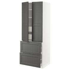 a tall cabinet with two doors and drawers