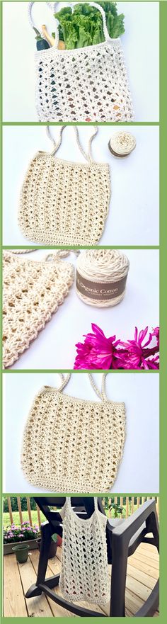 crocheted purses are shown with flowers in the bottom right corner and on the left side