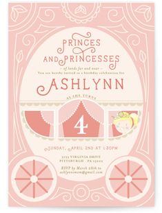 a pink princess carriage birthday party card with the words princess and princesses on it