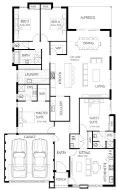 the floor plan for a two story house with three car garages and an attached living area