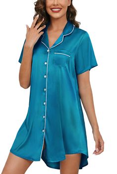 PRICES MAY VARY. Material —— Button down nightgown is made of 96% polyester and 4% other fibers, the fabric is ultra soft, breathable, skin-friendly and high elastic, comfortable short nightshirt for women. Silk Satin Nightgown —— Short sleeves, notch collar, v neck, button front, mid-thigh length, curved high-low hem add more fashion sense. postpartum essentials/Breastfeeding shirts for women/Nursing Pajamas Above the Knee length sleepdress is cool. Button up nightshirt has easy access for brea Cotton Short Sleeve Nightgown For Pajama Party, Blue Short Sleeve Sleepwear For Night, Blue Stretch Short Sleeve Sleepwear, Nightgown Short, Blue Spring Sleepwear With Button Closure, Breastfeeding Shirts, Postpartum Essentials, Satin Nightgown, Nursing Gown