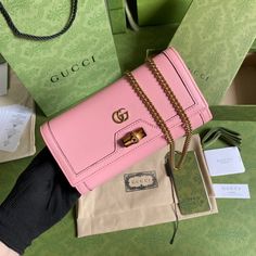 gg Diana Chain Wallet With Bamboo Pink For Women Guccio Gucci, S Monogram, Shoulder Chain, Trendy Tote, Wallet Chain, Gucci Bags, Pink Bag, Chain Strap, Gucci Bag