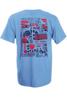 Let everyone know who you root for in this Dayton Flyers Blue Julia Gash Short Sleeve T-Shirt! This Dayton Short Sleeve Tee features a screen print team logo on left chest with screen print Julia Gash team illustration on center back. Short sleeve, Crew neck, Relaxed fit, Unisex, Screen printed graphic, 100% Cotton Blue Screen Print Shirt For College, Blue Shirt With Graphic Print For Fans, Blue Graphic Print Shirt For Fan Gear, Blue Shirt With Graphic Print For Fan Gear, Blue College Shirt With Screen Print, Blue Sublimation Print T-shirt For College, Collegiate Blue Graphic Print T-shirt, Team Illustration, Dayton Flyers