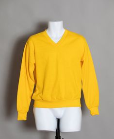 "Vintage 70s 80s bright yellow v-neck sweatshirt. Super light-weight. KINGS ROAD - SEAR size - tag says M but I would say a little smaller laying flat: pit to pit - 19.5\" back length - 24.25\" vintage not worn, sales tag still attached" Solid Color Cotton V-neck Sweatshirt, Cotton V-neck Solid Color Sweatshirt, Cotton V-neck Sweatshirt, Solid V-neck Cotton Sweatshirt, Vintage Yellow Long Sleeve Sweatshirt, Yellow Vintage Long Sleeve Sweatshirt, Yellow Cotton V-neck Sweater, Long Sweaters For Women, 80s Women