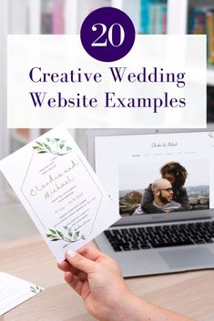 a person holding up a card with the words creative wedding website examples in front of them