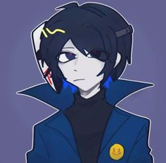 an anime character with dark hair and blue eyes, wearing a black shirt and jacket