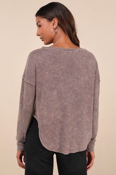 From statement-making styles to effortless outfits, the Lulus Edgy Flirtation Washed Brown Waffle Knit Long Sleeve Top is always the right choice! Stretchy waffle-knit fabric boasts a trendy washed effect as it shapes long sleeves with drop shoulders and a comfy boat neckline. Exposed seam details lend an effortlessly cool vibe, alongside a relaxed-fit bodice that ends at rounded, high-low hems. Fit: This garment fits true to size. Length: Size medium measures 23" from shoulder to hem. Bust: Gre Soft Textured Knit Tops For Layering, Trendy Waffle Knit Top For Winter, Fall Cotton Tops With Soft Texture, Trendy Knit Tops With Soft Texture, Soft Texture Cotton Tops For Fall, Soft Texture Knit Tops With Crew Neck, Casual Waffle Knit Sweater For Layering, Waffle Knit Top For Winter Layering, Relaxed Fit Knit Tops With Soft Texture