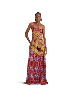 Lisa Folawiyo's dress will ensure all eyes are on you. It's made from colorful patterned silk with a lustrous sheen and sewn with a myriad of intricately beaded appliqués—a designer signature. The silhouette is detailed with skin-revealing cut-outs and falls to a floor-pooling hem. Balance yours with minimal jewelry and your highest heels.- Spaghetti straps, maxi length, zip fastening- Silk, cotton- Handcrafted by the in-house team of artisans using environmentally friendly and upcycling practic Elegant Multicolor Sequin Gown, Silk Summer Festive Dress, Summer Festive Silk Dress, Summer Embellished Satin Dresses, Multicolor Embellished Floor-length Gown, Multicolor Sequined Evening Dress For Gala, Summer Multicolor Floor-length Evening Dress, Multicolor Embellished Floor-length Dress, Festive Embellished Silk Dress