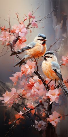 two birds sitting on top of a tree filled with pink flowers next to each other