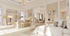 a white bedroom with chandeliers and furniture