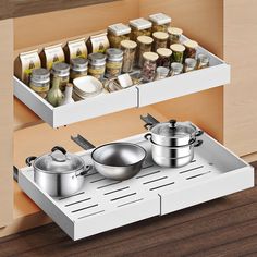 two drawers with pots and pans on them