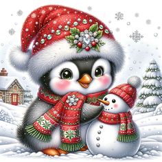 a cute penguin with a snowman in a christmas hat and scarf on the snow