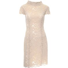 This is a lovely 1990's vintage Moschino Cheap and Chic floral lace dress that is lined in the body, with sheer cap sleeves. The edges are scalloped, and it closes with a zipper up the back and three hidden mother of pearl buttons on the raised boat neck collar. It has some stretch, allowing the dress to hug the body just right and give the perfect feminine silhouette. This dress is a dark cream or sand color in cotton and nylon, and has a small cluster of pearl embelishments on the back right s Alencon Lace Wedding Dress, Silk Printed Dress, Cream Wedding Dresses, Vintage Dresses Online, Vintage Moschino, Cream Lace Dress, Bridal Dresses Lace, Lace Dress Vintage, Moschino Cheap And Chic