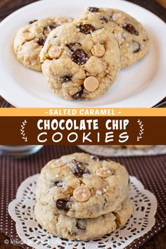 salted caramel chocolate chip cookies on a white plate