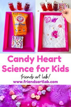 two pink trays with candy hearts on them and the words candy heart science for kids