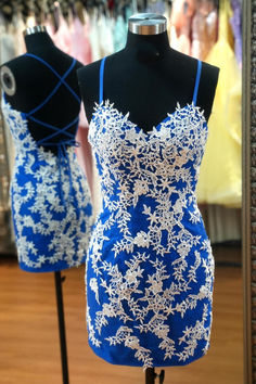 The Straps Royal Blue and White Lace Tight Homecoming Dress features a fitted silhouette, V neck, and an above knee length. The dress is made of high-quality lace material with a delicate royal blue color. The lace-up back adds a touch of elegance to this stylish dress. SKU: 3535 Royal blue color Lace material Fitted silhouette Spaghetti straps V neck Above knee length Lace-up back Ship in 7-10 business days Size: US 2-16. We offer free returns in 7 days. Please refer to our return policy page for more details. If you have any questions, don't hesitate to contact us: at service@dressesforparty.com. Quinceanera Dresses For Damas, Silver Quinceanera Dresses, Tight Homecoming Dress, Mini Homecoming Dress, Bodycon Dress Homecoming, Mini Homecoming Dresses, Prom Dresses Gowns, Lace Material, Royal Blue Dresses