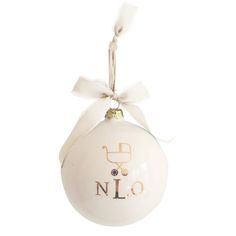 a white ornament with a baby's carriage on it and a ribbon hanging from the top