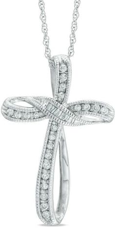 Zales 1/6 CT. T.W. Diamond Vintage-Style Looped Cross Pendant in 10K White Gold Diamond Round Cross Necklace For Anniversary, Classic Diamond White Cross Necklace For Anniversary, Anniversary Cross Necklace With Diamond Accents, Elegant Round Diamond White Cross Necklace, Elegant Diamond White Round Cross Necklace, Elegant Diamond Cut Cross Necklace In Diamond White, Elegant White Gold Round Cross Necklace, Elegant White Gold Cross Necklace, Formal Cross Necklace With Diamond Accents