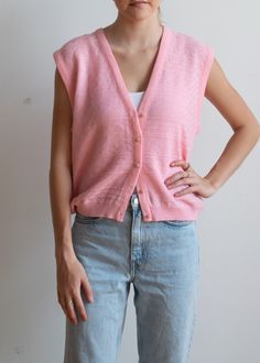 "90's pink vest Button front closure Sears Tradition 100% acrylic Made in Canada Labelled Size 34 (please go by measurements) 18\" shoulders 22\" pit to pit 24\" length" Casual Fitted Pink Sweater Vest, Fitted Pink Casual Sweater Vest, Fitted Pink Sweater Vest, Casual Style, Pink Fitted Casual Sweater Vest, Pink Fitted V-neck Sweater Vest, 90s Style Spring Vest, Fitted Pink Sweater Vest For Summer, Pink Fitted Cotton Sweater Vest, Fitted Pink Cotton Sweater Vest