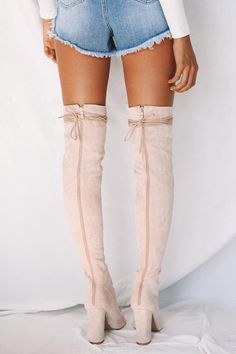 Blush suede boot. Non-leather upper, lining and sock. Approx 0.5cm platform. Heel is approx 10.5cm. Size 8 is an EU 39. This shoe runs true to size. You'll look like an A-list celebrity in the Bardot Boot! It is an open toe, thigh high style boot with the most stunning lace up design. There is also a zipper running through the back. Style yours with a sweater dress and a high ponytail! High Ponytail, High Ponytails, Platform Heel, Thigh High, Suede Boots, Thigh Highs, Over Knee Boot, High Fashion, Open Toe