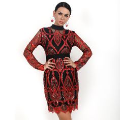 Gender: Women Sleeve Style: REGULAR Dresses Length: Above Knee, Mini Silhouette: Sheath Neckline: O-Neck Waistline: empire Season: Summer Style: Sexy & Club Material: Polyester Sleeve Length(cm): Full Decoration: Sequined Pattern Type: Solid Glamorous Red Stretch Dresses, Glamorous Red Stretch Bodycon Dress, Glamorous Red Stretch Mini Dress, Red Sequin Stretch Dress, Red Long Sleeve Mini Dress For Party Season, Red Stretch Sequin Dress, Red Bodycon Holiday Dress, Red Bodycon Dress For Holiday, Stretch Red Sequin Dress