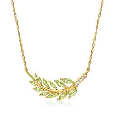 Ross-Simons - 1.20ct t. w. Peridot Leaf Necklace, Diamond Accents Over Sterling. 16". Graced with verdant sparkle, this elegant leaf necklace will enlighten your look with 1.20 ct. t. w. marquise peridots and icy round brilliant-cut diamond accents. Finely crafted in polished 18kt yellow gold over sterling silver. Stationed on a rope chain with a 2" extender. Springring clasp, peridot leaf necklace. Peridot birthstones are the perfect gift for August birthdays. Jewelry Infographic, August Birthdays, Peridot Birthstone, Peridot Color, Necklace With Diamond, Peridot Jewelry, Fine Jewelery, Peridot Stone, Necklace Diamond