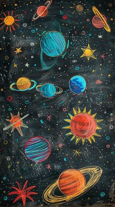 a chalkboard drawing of the solar system with stars and planets on it's surface