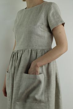 "Spring dress, Handmade natural linen dress with short sleeves , perfect for casual wear and suitable for any occasion in any season Details: - 100% natural linen produced in Europe ; - medium weight (180 gram per square meter); - color: natural, color from catalog. Made to order, approximately a few days, If you have any questions please message me and I will be glad to answer. Size guide : Size S Bust: fits bust around 33\"-34\"/ 84-88 cm Waist: fits waist around 25\"-26\"/ 64-68 cm Hips: fits Basic Dress Pattern Linen, Casual Dress With Straight Neckline, Cheap Cotton Lined Dresses, Cheap Everyday Cotton Dress, Affordable Casual Dress With Button Back, Luxury Linen Short Sleeve Dress, Casual Dress With Notched Neckline, Casual Dresses With Notched Neckline, Luxury Linen Dress With Square Neck