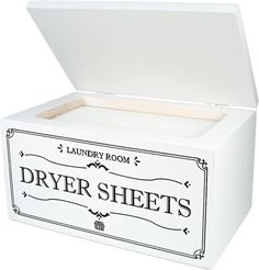 the laundry room dryer sheets box is white and has black lettering on the lid