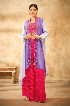 Shop for Aditi Somani Purple Pure Silk Color Blocked Cape And Bandhani Pant Set for Women Online at Aza Fashions Navratri Straight Kurta Anarkali Set With Tassels, Navratri Anarkali Set With Tassels And Straight Kurta, Diwali Anarkali Set With Tassels And Straight Kurta, Diwali Anarkali Set With Straight Kurta And Tassels, Diwali Anarkali Set With Tassels, Festive Kurta With Back Tassel Tie-up For Navratri, Festive Kurta With Back Tassel Tie-up For Diwali, Bohemian Sharara With Tassels And Straight Kurta, Traditional Kurta With Back Tassel Tie-up For Diwali