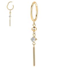 a pair of gold earrings with a dangling bar and an earring on the end