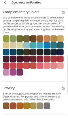 the color chart for different shades of paint on an iphone screen, with text that reads deep autumn palettes complementary colors