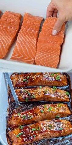 salmon fillets are being prepared in the oven and then placed on trays with tongs