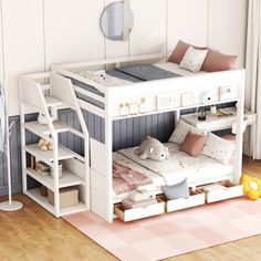 a child's bedroom with a bunk bed and stairs to the second floor is decorated in pastel colors