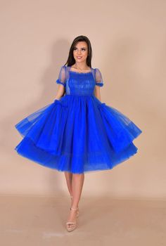 Royal Blue Tulle Dress/ Villanelle Dress/ Photo Session Blue Dress/ Tulle Pregnancy Dress/ Tulle Photo Session Dress/ Blue Dress/ Blue Tulle Blue Tulle Dress With Short Sleeves, Blue Tea Length Dress For Evening, Blue Tea Length Evening Dress, Blue Tea-length Dress For Evening, Fitted Blue Dress With Tulle Skirt, Blue Fitted Dress With Tulle Skirt, Royal Blue Tulle Dress, Villanelle Dress, Puffy Pink Dress